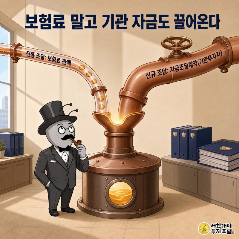 가느다란 보험료 파이프와 굵은 기관투자자 파이프가 하나의 저수조로 합쳐지는 모습을 개미가 바라본다