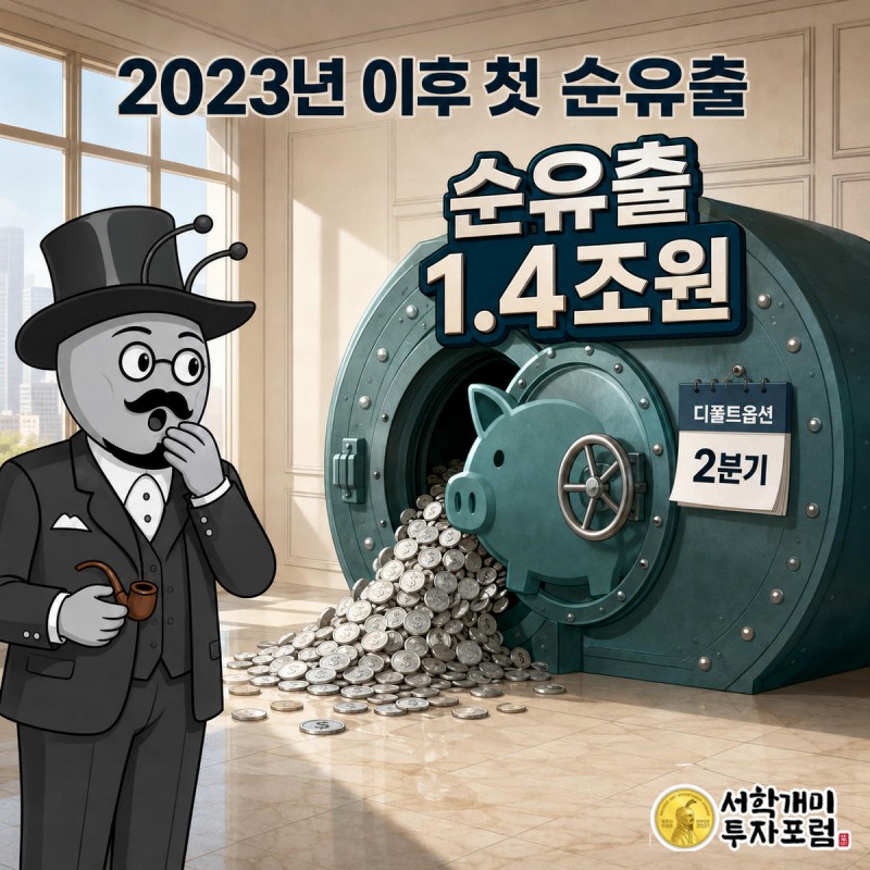 디폴트옵션 금고에서 동전이 처음으로 쏟아져 나오는 것을 개미가 놀라서 지켜보는 그림