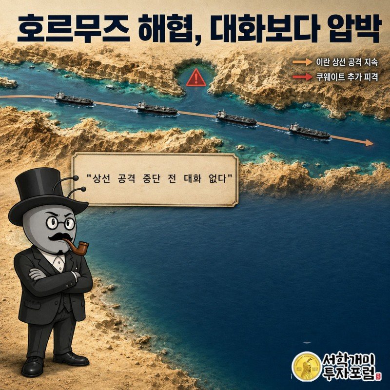 호르무즈 해협 지도 위 유조선 행렬 옆에서 개미가 팔짱을 끼고 단호한 표정으로 밴스 부통령의 경고 문구 팻말을 세운 그림
