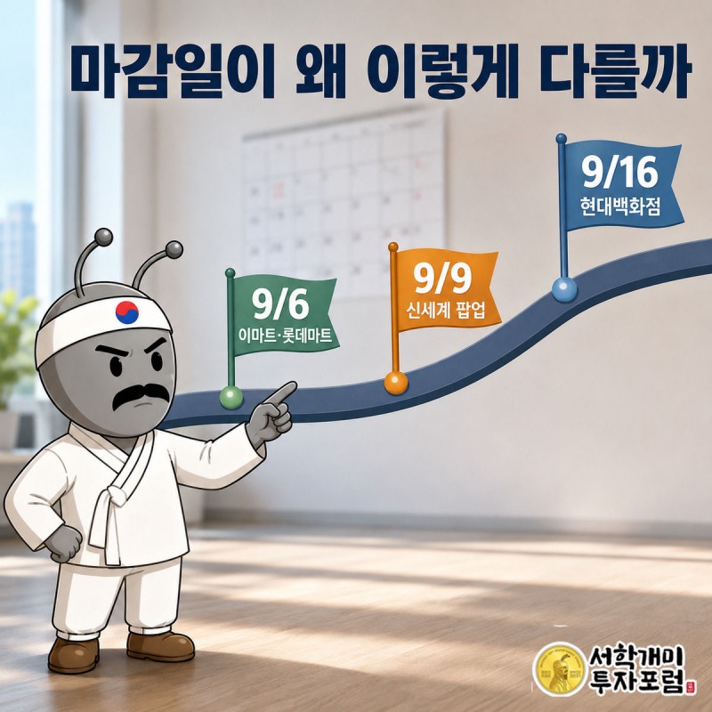 가로 시간축 위에 유통업체별 행사 마감 날짜 깃발이 순서대로 꽂혀 있고 부자개미가 살펴보는 모습