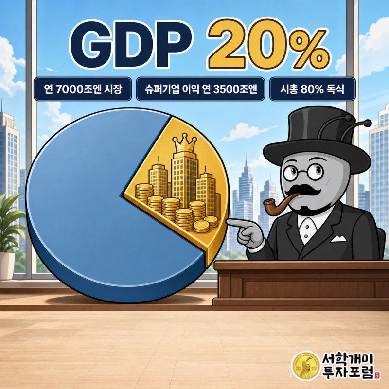 원형 그래프에서 AI 산업 20% 조각과 그 위에 쌓인 금화 더미를 부자개미가 가리키는 모습