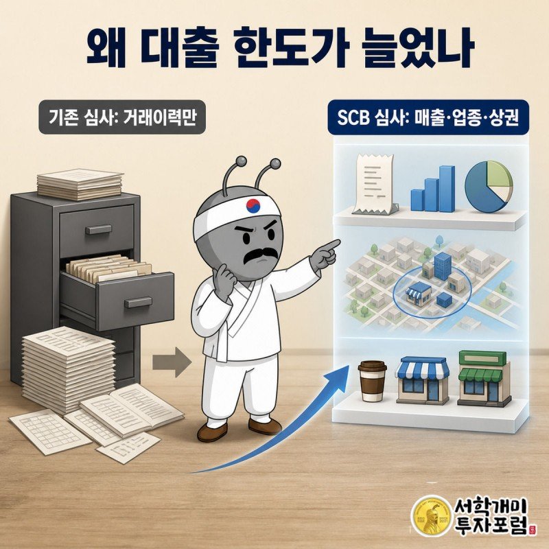 왼쪽은 낡은 서류함 앞에서 곤란해하는 개미, 오른쪽은 매출영수증과 상권지도가 쌓인 SCB 심사대 앞에서 안도하는 같은 개미를 대비한 그림