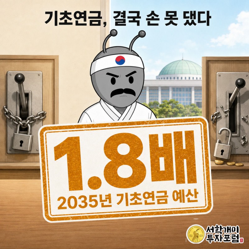 정부 회의실을 배경으로 왼쪽은 사슬에 묶여 꼼짝 않는 기초연금 70% 게이트, 오른쪽은 55년 만에 부서져 열린 교육교부금 자물쇠가 대비되고, 서민개미가 그 경계에서 낭패한 표정으로 양쪽을 바라보며 화면 중앙에 