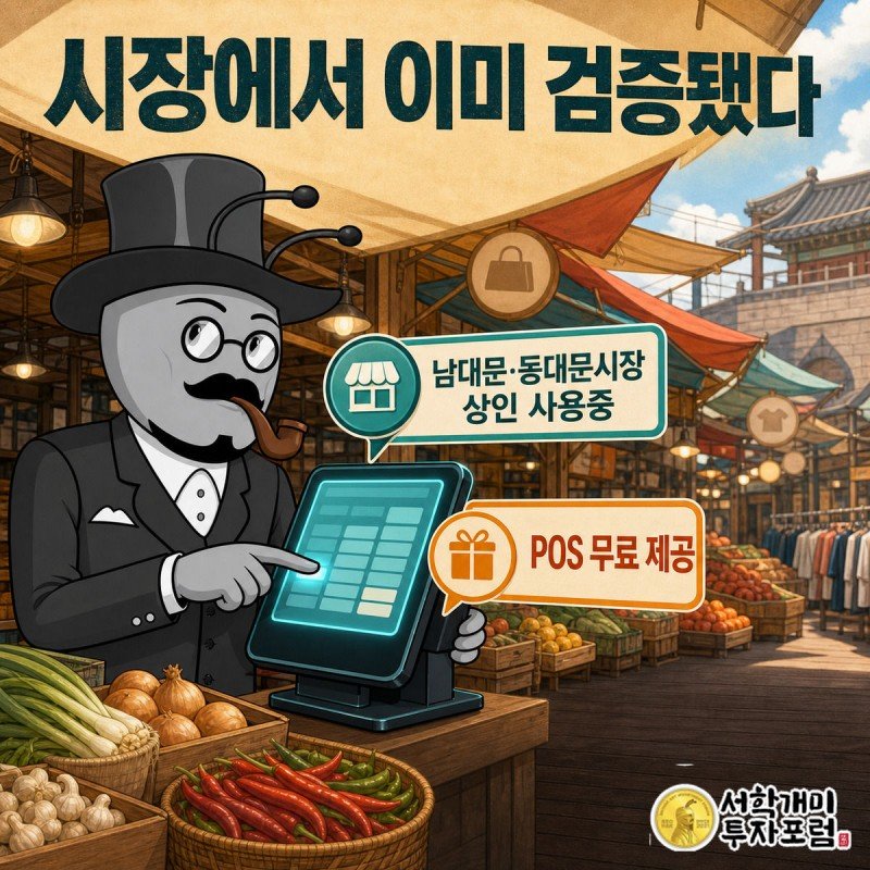 서민개미가 남대문시장 좌판 앞에서 청록색 POS 태블릿을 두드리며 놀라는 그림