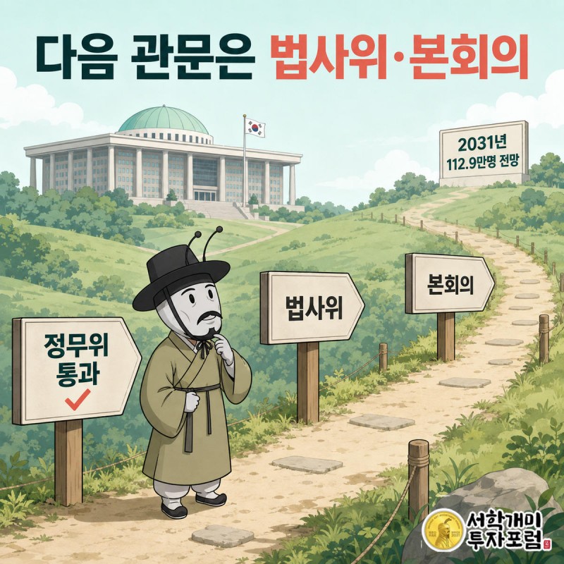 국회의사당 앞 법안 통과 단계 표지판에서 정무위 통과만 체크되어 있고 서민개미가 법사위 표지판을 초조하게 올려다본다.