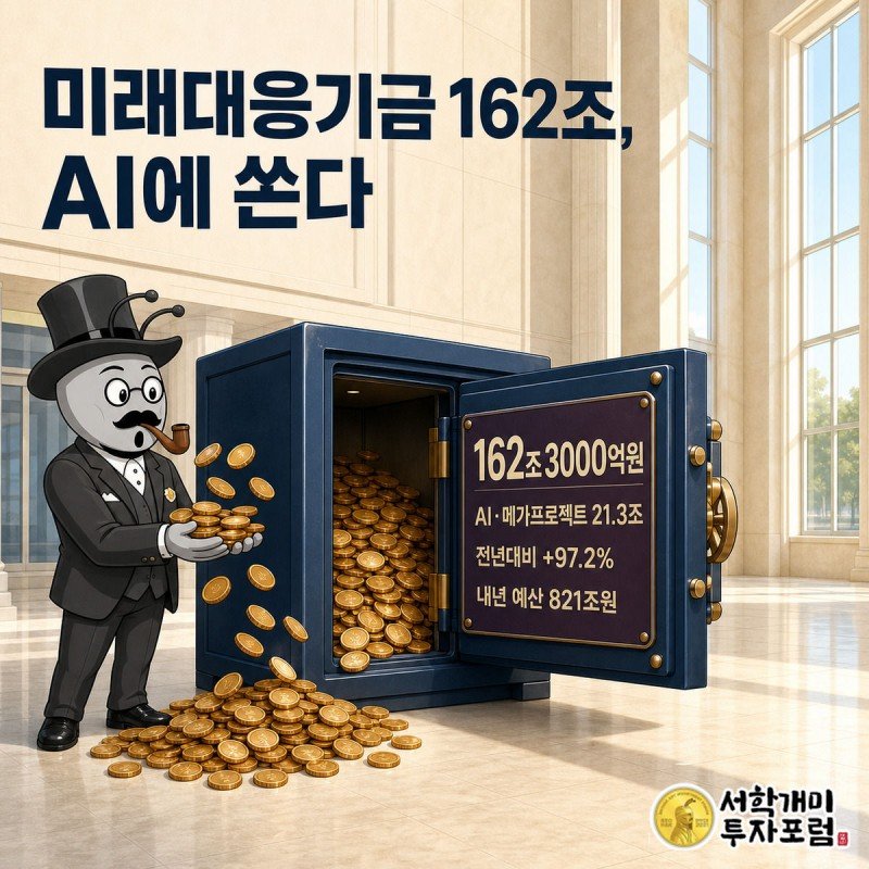 국고 금고에서 동전이 쏟아지는 가운데 서민개미가 놀란 표정으로 미래대응기금 162조3000억원 숫자를 바라보는 그림