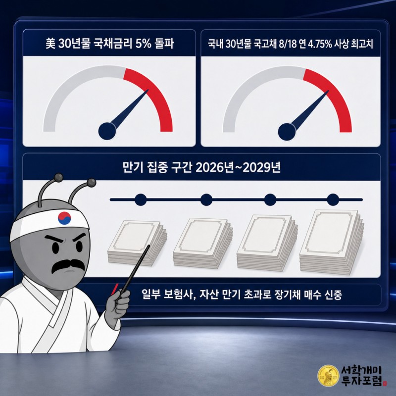 미국과 국내 30년물 국채금리 수치, 2026~2029년 국고채 만기 집중 타임라인, 일부 보험사의 신중한 태도를 보여주는 데이터 패널 화면