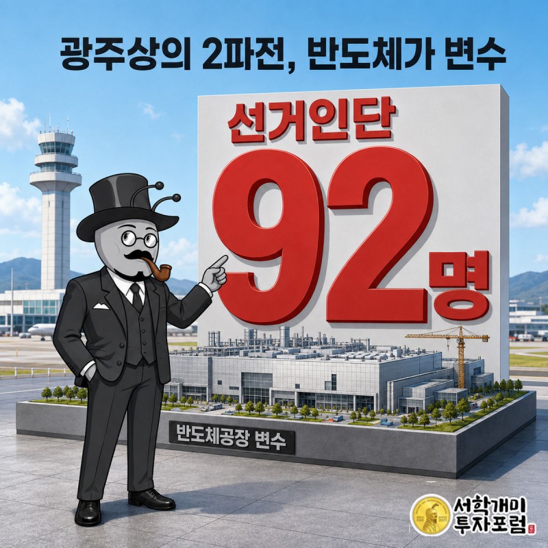 광주 군공항 반도체 공장 부지를 배경으로 부자개미가 선거인단 92명 숫자 위젯을 가리키는 표지 이미지
