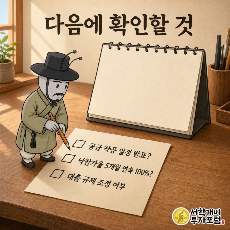 개미가 달력의 다음 달 칸에 물음표 스티커를 붙이며 착공 일정과 낙찰가율을 체크리스트에 적는 장면