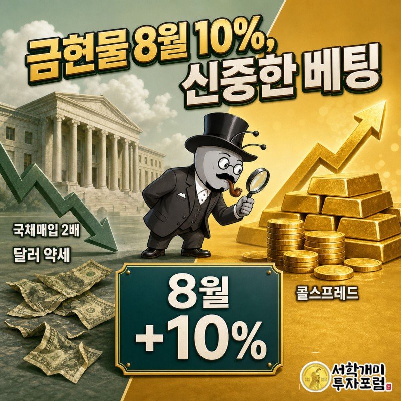 미 재무부와 시드는 달러를 배경으로 왼쪽에, 빛나는 금괴 더미를 오른쪽에 두고 부자개미가 확대경으로 금괴를 신중하게 살피는 표지 이미지