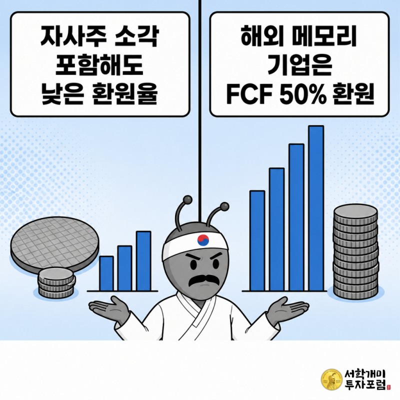 낮은 환원율 막대그래프 앞의 삼성전자 개미와 높은 환원율 막대그래프 앞의 해외 메모리 기업 개미를 비교하는 2컷 패널
