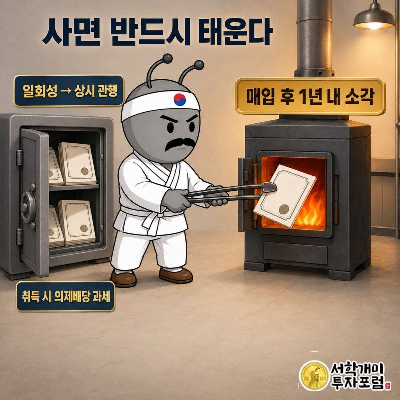 부자개미가 자사주 증서를 집게로 집어 소각로에 넣는 모습과 예전처럼 금고에 방치된 자사주를 좌우로 비교한다.