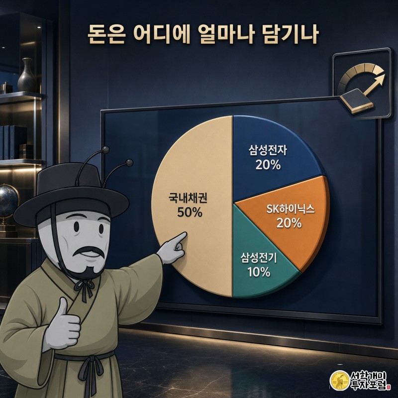대형 스크린 원그래프 앞에서 개미가 채권 조각을 가리키며 웃는 삼성전자·SK하이닉스·삼성전기 편입 비중 설명 이미지