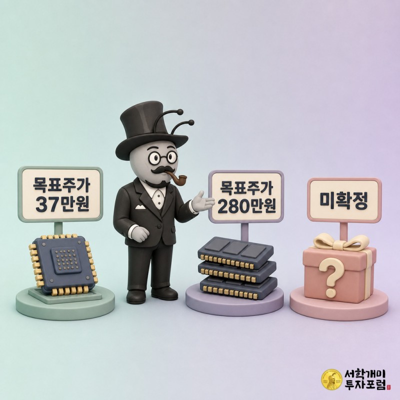 삼성전자 목표주가 37만원과 SK하이닉스 목표주가 280만원 표지판, 미확정 팻말이 붙은 선물상자 앞에 개미 피규어들이 서 있는 세 개의 작은 소프트 클레이 3D 디오라마