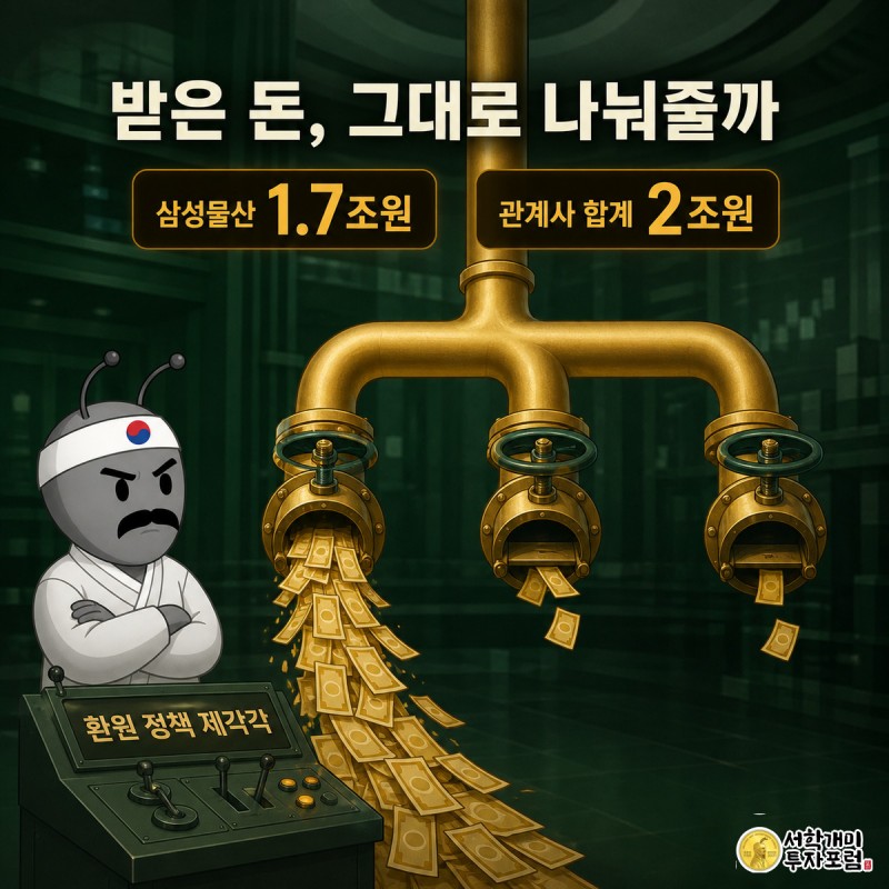 삼성전자 배당금 파이프가 세 갈래로 갈라져 밸브마다 열림 정도가 다르게 쏟아지는 것을 개미가 팔짱을 끼고 의심스러운 표정으로 바라보는 삽화, 삼성물산 1.7조원과 관계사 합계 2조원 수치 배지가 놓여 있다