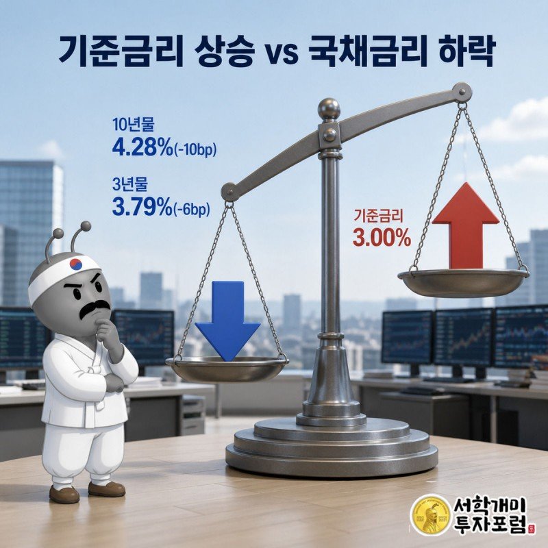기준금리는 오르고 국채금리는 떨어지는 엇갈린 방향을 저울로 표현한 그림