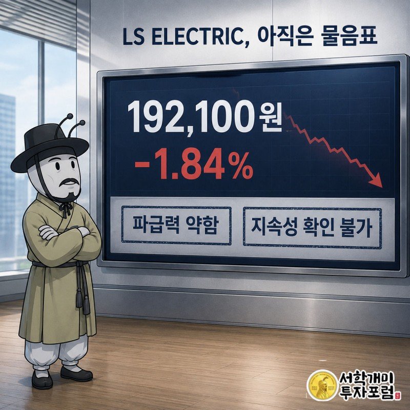 증권 시세창에 LS ELECTRIC 주가 192,100원과 1.84% 하락, 파급력 약함·지속성 확인 불가 배지가 표시된 장면에서 서민개미가 의심스러운 표정을 짓고 있다