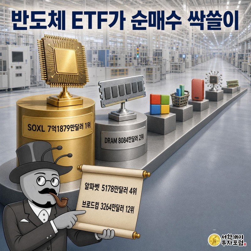 시상대 위에 SOXL 1위, DRAM 2위 팻말이 놓이고 개미들이 순위표를 확인하며 가리키는 모습