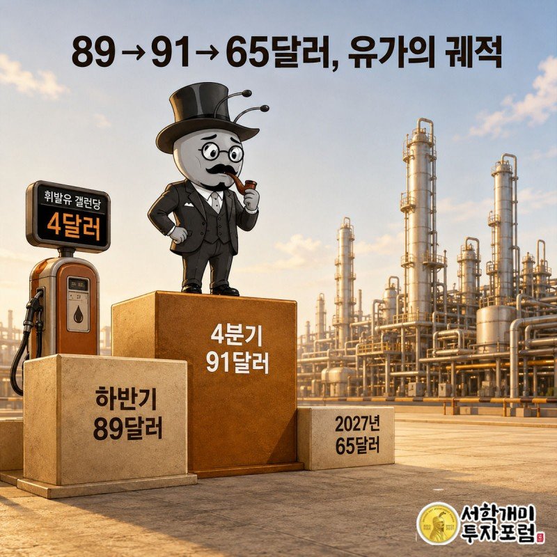 89달러에서 91달러로 오르고 2027년 65달러로 내려가는 유가 전망 막대와 주유기 가격판을 보는 개미
