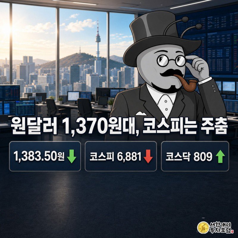 서울 하나은행 딜링룸에서 개미가 전광판의 원달러 환율과 코스피·코스닥 수치를 올려다보며 복합적인 표정을 짓는 그림