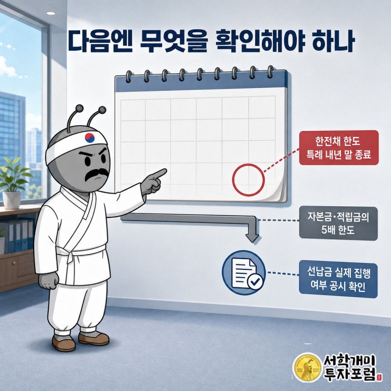 개미가 달력의 내년 말 특례 종료 날짜를 손가락으로 짚으며 신중한 표정을 짓는 장면