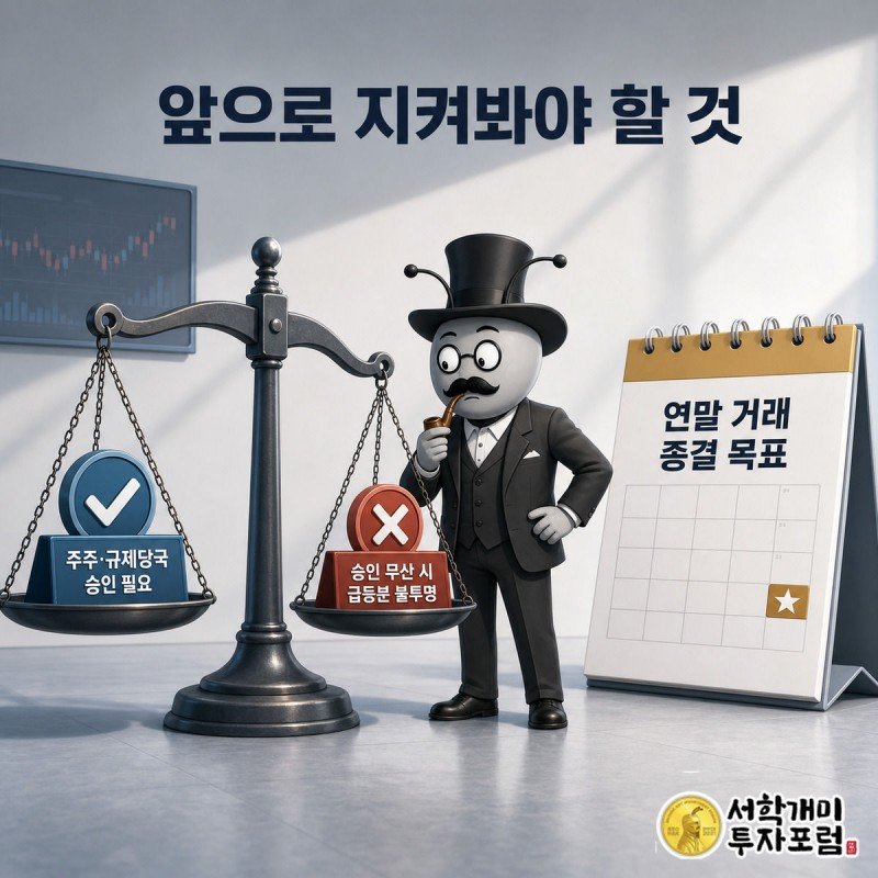2026년 12월 달력 앞에서 서민개미가 승인과 무산으로 기운 저울을 긴장한 채 바라보는 모습