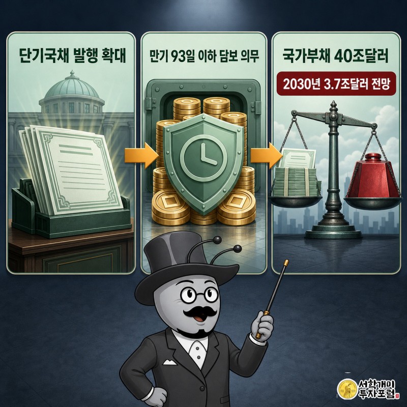재무부의 단기국채 발행 확대부터 지니어스법의 스테이블코인 담보 의무, 국가부채 부담 완화까지 이어지는 3단계 흐름을 개미 캐릭터가 겪는 모습