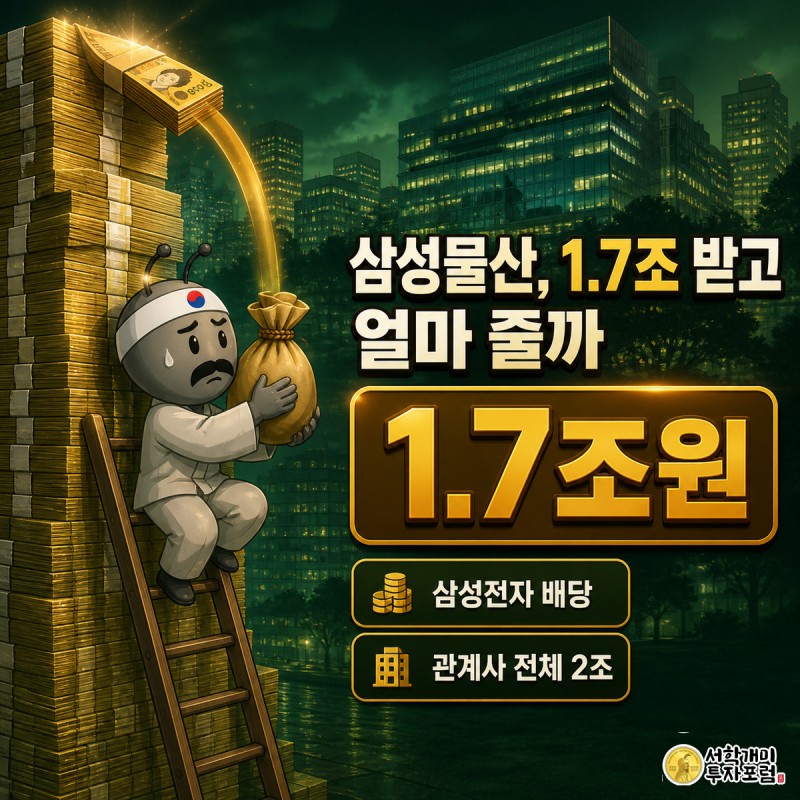 거대한 황금색 현금 다발에서 흘러내리는 작은 자루를 개미가 사다리 위에서 받아 안으며 기대와 의심이 섞인 표정을 짓는 삽화, 상단에 삼성물산 배당 관련 워드아트 제목과 1.7조원 수치 배지가 놓여 있다