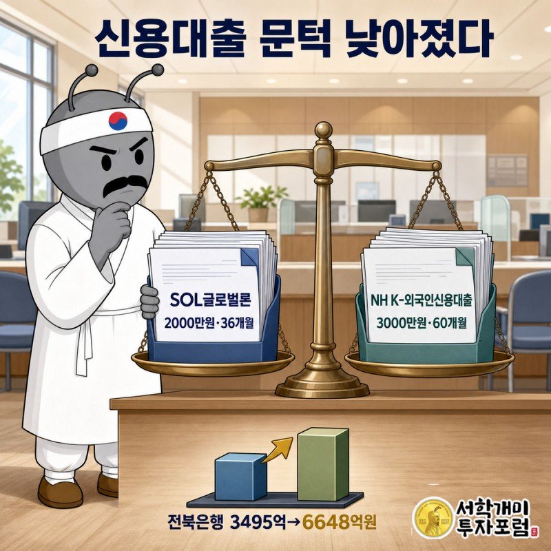 개미가 신한은행과 NH농협은행의 외국인 신용대출 조건을 저울질하며 비교하는 장면