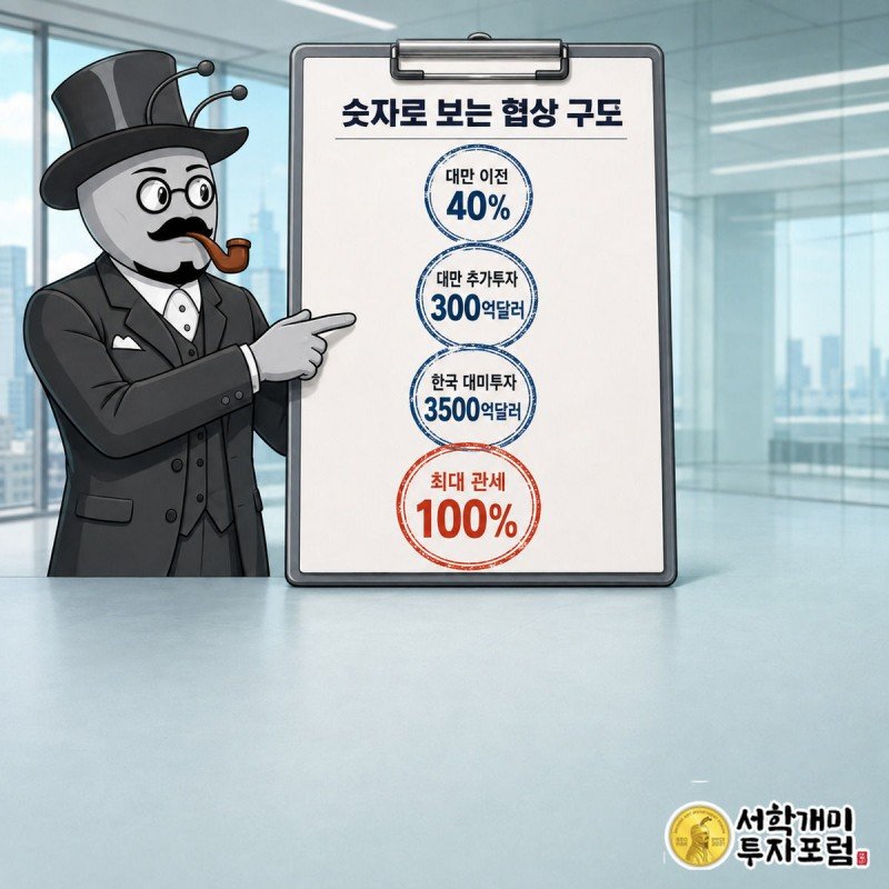 대만 이전율·추가투자·한국 투자액·최대 관세율 네 수치가 도장처럼 찍힌 서류판을 개미가 짚어보는 그림