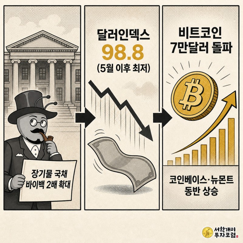 재무부의 국채 바이백 확대 발표에서 달러인덱스 하락, 비트코인과 코인베이스·뉴몬트 상승으로 이어지는 흐름을 3컷으로 보여주는 코믹 스타일 정보 이미지
