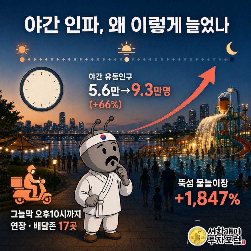 야간 유동인구 그래프가 치솟고 뚝섬 물놀이장 수치가 화면 위로 튀어 오르는 그림, 옆에 그늘막 시계와 배달존 아이콘
