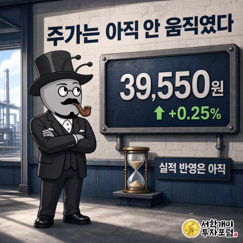 코나아이 시세판 앞에서 팔짱을 끼고 관망하는 개미와 39,550원 플러스 0.25퍼센트라는 작은 상승폭을 보여주는 그림
