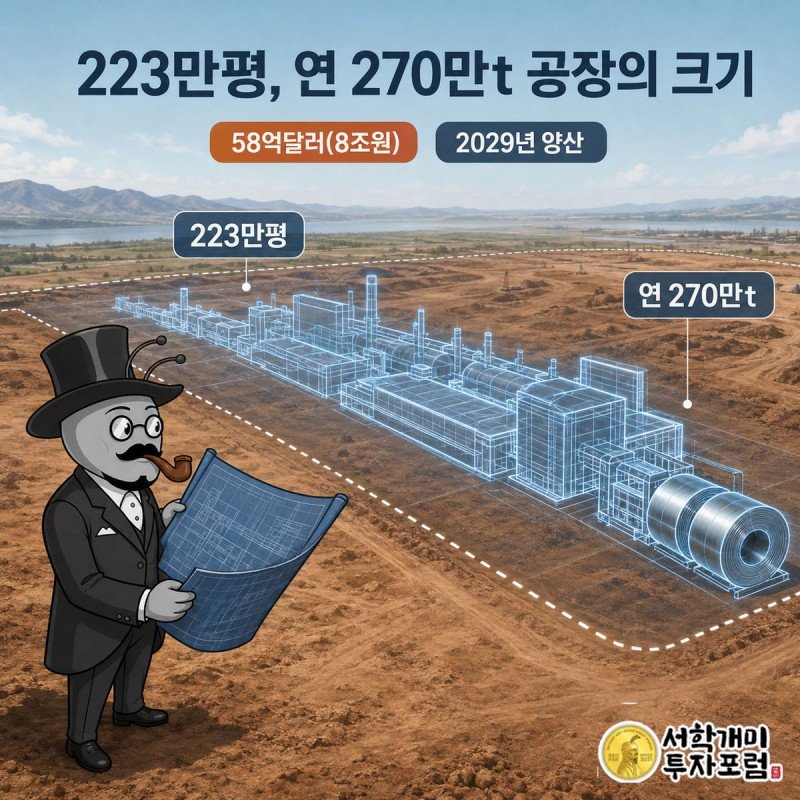 붉은 흙 벌판 위에 홀로그램처럼 겹쳐진 미래 공장 청사진을 양반개미가 신중하게 살펴보는 장면.