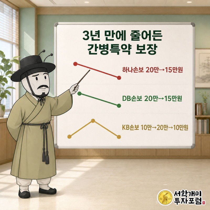 하나손보·DB손보·KB손보 세 보험사의 간병 특약 보장 한도 변화 꺾은선 그래프를 개미가 손가락으로 짚는 모습