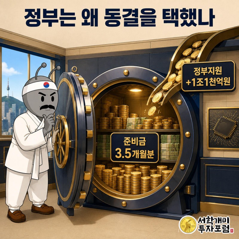 서민개미가 건강보험 재정 금고 안의 준비금과 정부 지원금 증액을 확인하는 모습