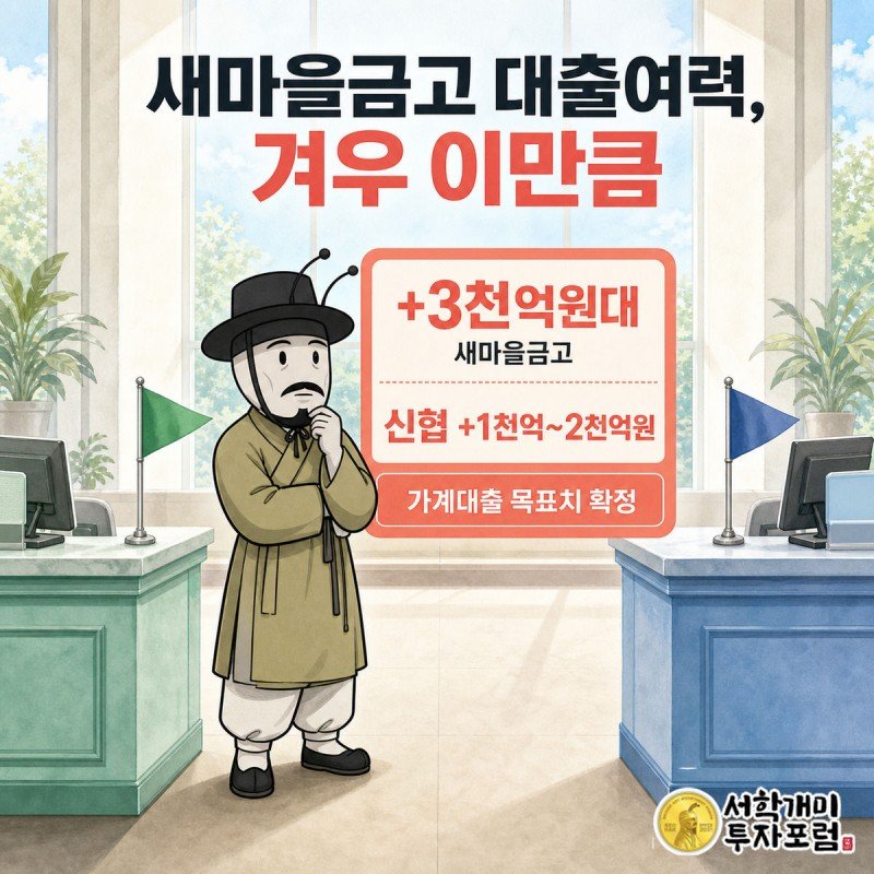 새마을금고와 신협 창구 경계에 선 서민개미가 각각의 대출 목표치 수치 배지를 번갈아 바라보는 표지 이미지