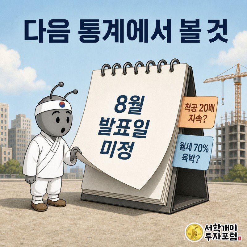 다음 달 주택통계에서 확인할 점을 달력과 체크리스트로 표현한 인포그래픽, 서민개미가 궁금한 표정으로 달력을 넘긴다