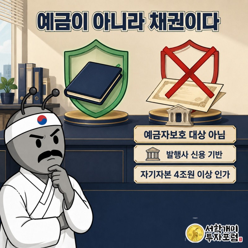 은행 예금의 예금자보호 마크와 키움증권 발행어음의 보호 대상 제외 표시를 나란히 비교하는 이미지