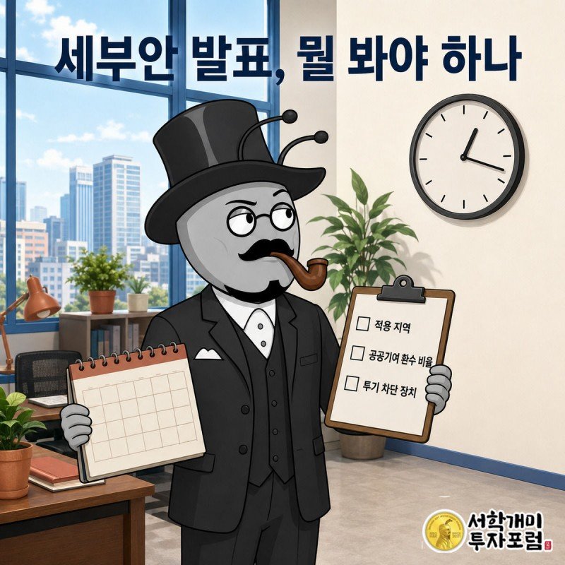 달력과 체크리스트를 들고 세부안 발표를 기다리며 의심스러운 표정을 짓는 개미 그림