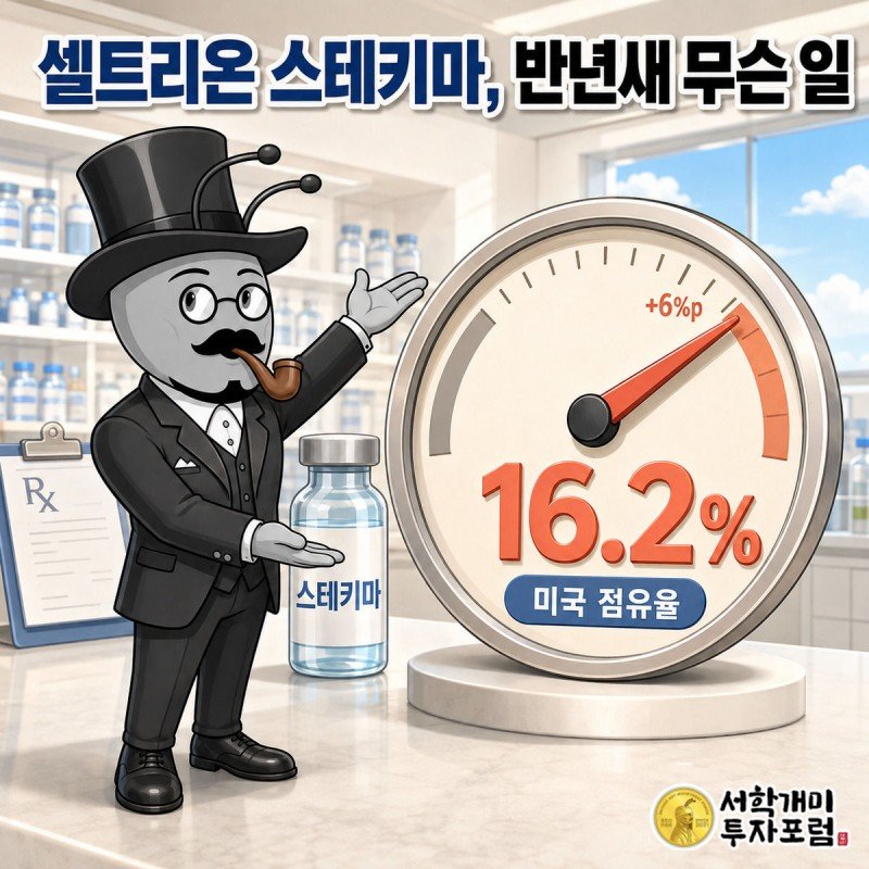 게이지 바늘이 10.2%에서 16.2%로 크게 돌아간 것을 서민개미가 가리키며 놀라 기뻐하는 셀트리온 스테키마 미국 점유율 커버 이미지