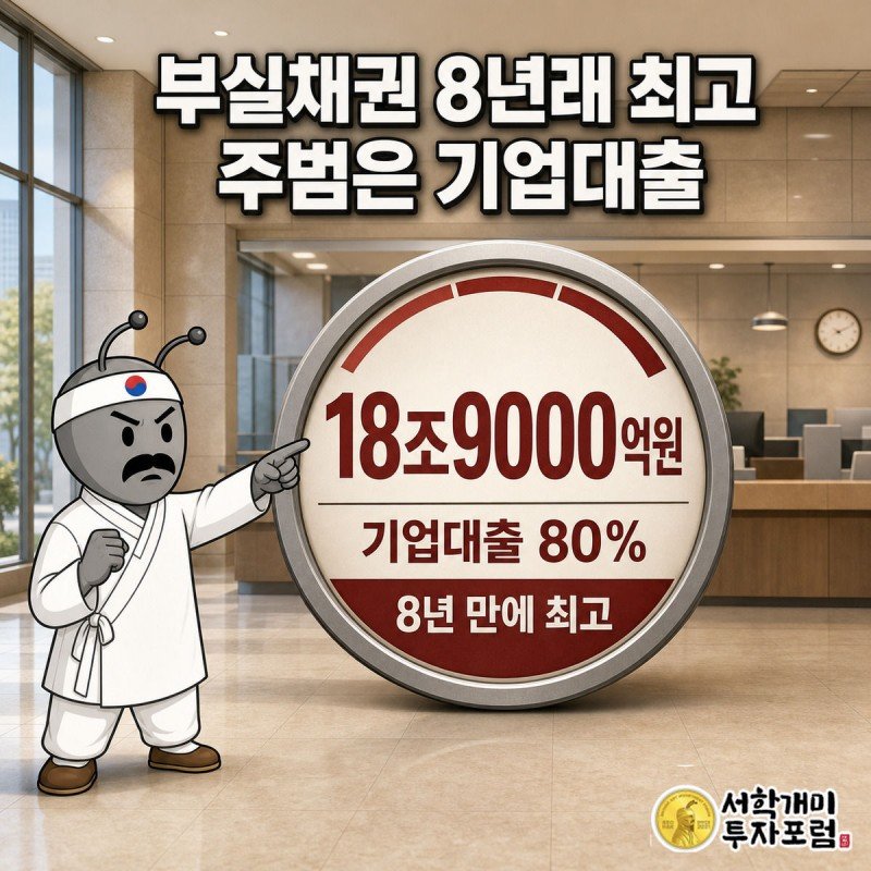 은행 영업점을 배경으로 부실채권 경고 계기판이 붉게 치솟고 개미 캐릭터가 낭패한 표정으로 바늘을 가리키는 장면, 