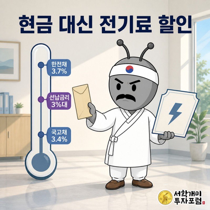 국고채·한전채·선납금리를 비교하는 눈금 옆에서 개미가 현금 대신 전기요금 할인권을 받고 있다