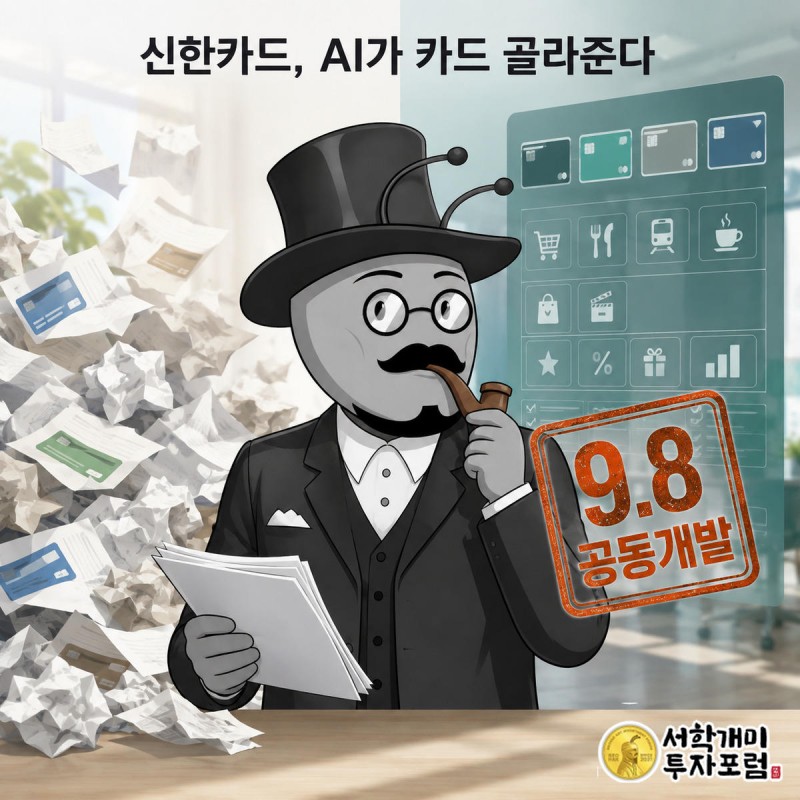 서민개미가 흩어진 카드 혜택 전단지 더미와 AI가 정리한 청록빛 비교표 화면 사이에서 놀란 표정을 짓는 모습