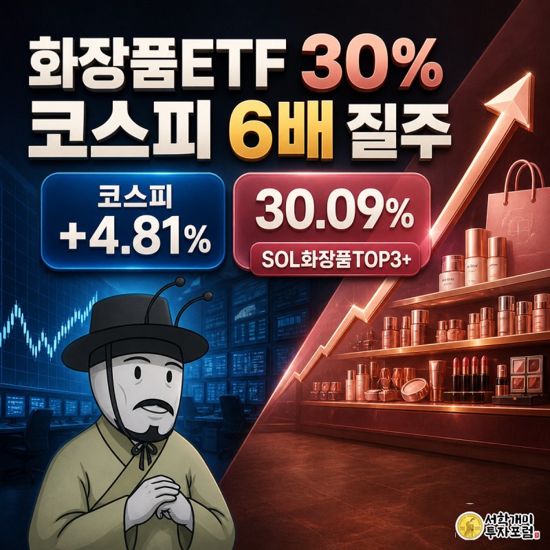 대각선으로 나뉜 화면 왼쪽에서 코스피 그래프 앞에 무덤덤한 개미가, 오른쪽에서 화장품 매대 앞에 환호하는 개미가 각각 4.81%와 30.09% 상승 수치를 마주하고 있다