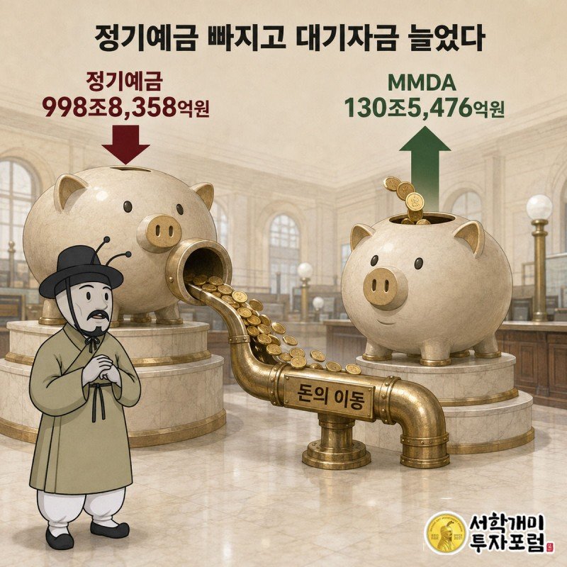 정기예금 저금통에서 동전이 파이프를 타고 수시입출식예금 저금통으로 옮겨가는 것을 개미가 놀란 표정으로 지켜보는 그림