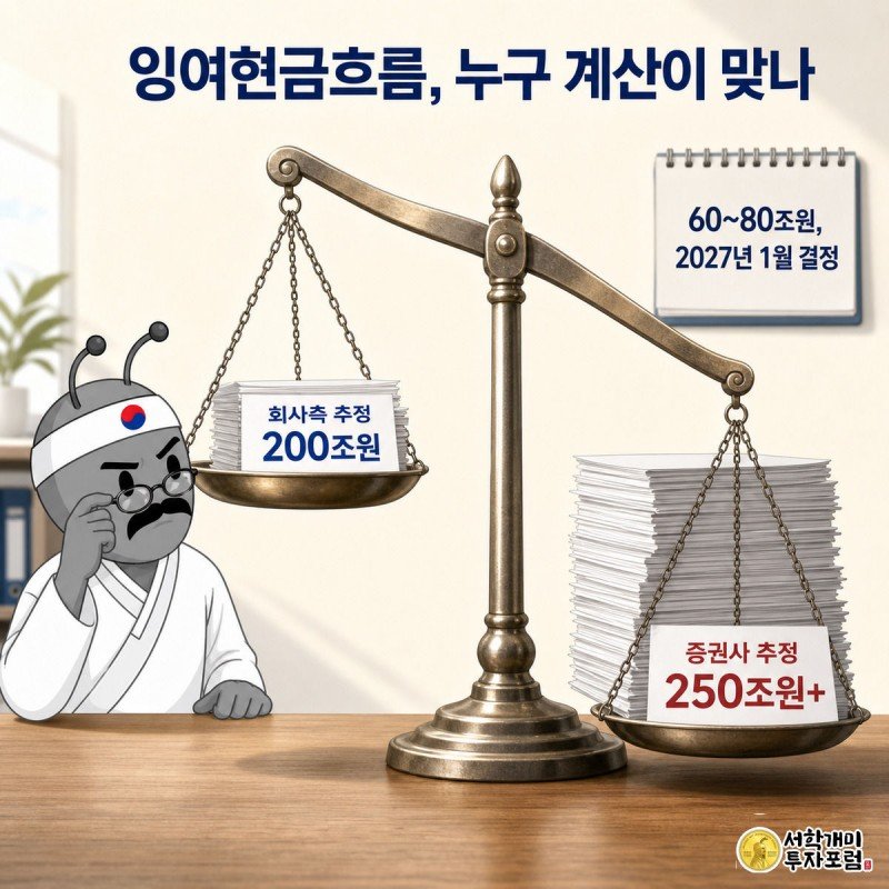 회계사 개미가 저울에 놓인 회사측 200조원과 증권사 250조원 서류더미를 의심스러운 눈빛으로 바라보는 클로즈업 장면