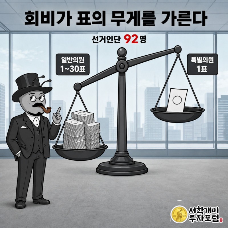 회비 영수증과 투표용지가 쌓인 저울이 기울어져 표 가중치를 보여주는 데이터 장면