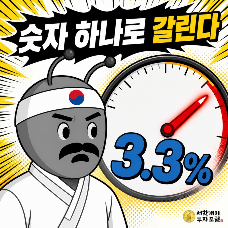 개미가 3.3% 눈금을 가리키는 거대한 다이얼 게이지를 긴장한 표정으로 바라보는 팝아트 코믹 커버 이미지