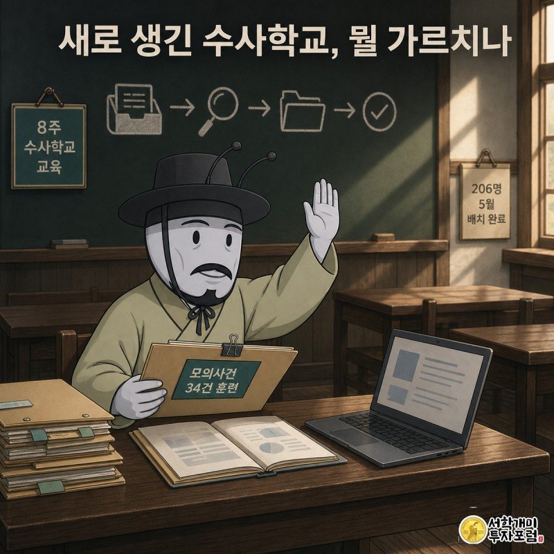 수사학교 교실에서 신입 노동감독관 개미들이 모의 사건 서류를 살피고 강사 개미가 칠판의 사건 처리 흐름도를 설명하고 있다.